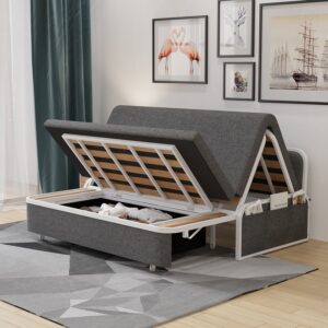 Modern Deep Grey Cotton Linen Upholstered Convertible Sofa Bed with Storage