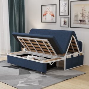 Modern Blue Cotton Linen Upholstered Convertible Sofa Bed with Storage