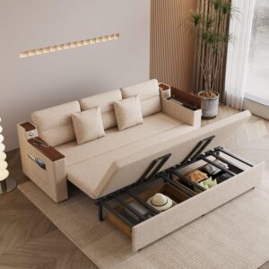 Pull-Out King Sofa Bed with Storage & USB, 3-Seater Linen Beige Sleeper Sofa(82.7")