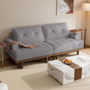 Queen 3-Seater Leather Convertible Futon Bed with Side Table