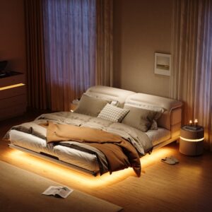 Modern Leather King Size Floating Bedroom Set with Light & Adjustable Headboard