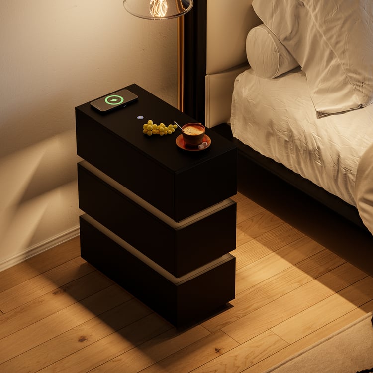 Smart LED 3 Drawer Nightstand Wireless Charging Station Bedside Table with Light Modern Black