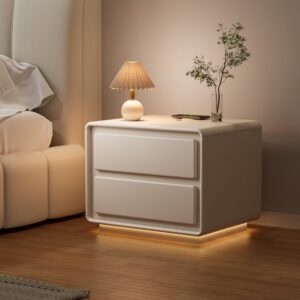 White nightstand in modern style, with 2-drawers, discreet LED and USB charging function – perfect for a stylish bedroom.