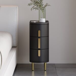 Modern Black Narrow 3 Drawer Nightstand Sintered Stone Top Bedside Table Set of 2