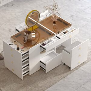 Vanity Dresser Glass Top Walk in Closet Island with Storage & Stool