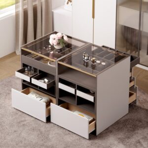 Saddle Leather 7-Dresser Walk-In Closet Island with Light & Jewelry Display