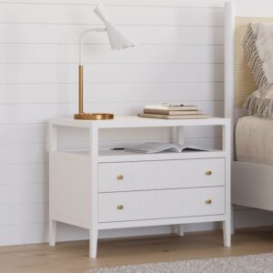 Wide Long Modern Smart Nightstand Fluted Bedside Table with 2 Drawers & Charging Station in Gold Handles Set of 2