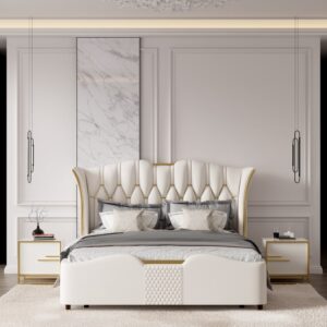 Minimalist Design Nightstand with 2 Drawers with Gold Base King Size Upholstered Bed Frame with Tufted Wingback Headboard