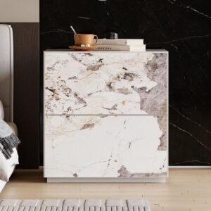Modern 600mmW Sintered Stone Nightstand 2 Drawer Bedside Table Set of 2