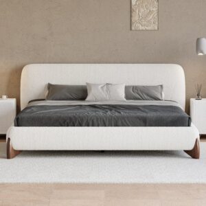 King Size White Boucle Platform Bed Frame