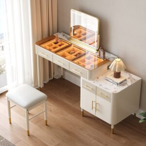 White Makeup Vanity Set with Lighted Mirror & Stool Mid Century Modern Dressing Table with Glass Top