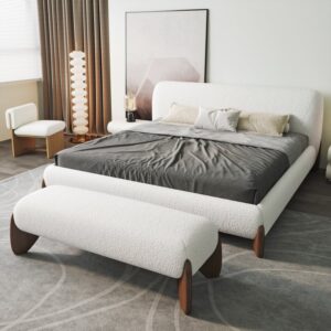 Bedroom Set King Size Curva White Boucle Platform Bed & Bedroom Bench with Wood Legs