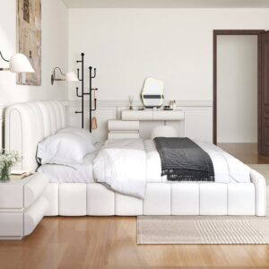 Bedroom Set Wingback King Bed Frame with Headboard & White PU Leather Makeup Vanity Set