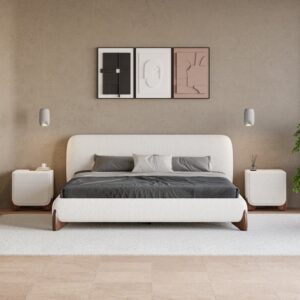 Modern White Boucle Platform Bed King Size Bed Frame & 2-Drawer Smart Boucle Nightstand