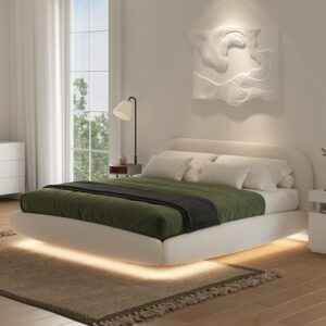 Queen Size Boucle Upholstered Floating Bed Frame with Light