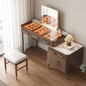 Walnut Makeup Vanity Set with Lighted Mirror & Stool Mid Century Modern Dressing Table with Glass Top