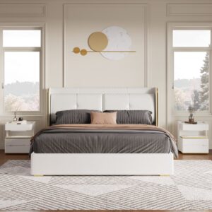 Homary White Wingback King Bed with Faux Leather Upholstered Foam Padding Headboard & Nightstands Set with Wireless Charger & Sensor Light