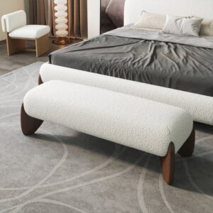 White Boucle Upholstered Bedroom Bench with Wood Legs