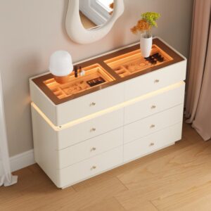 47" Glass Top Walk-in Closet Island 8-Drawer Dresser with Light