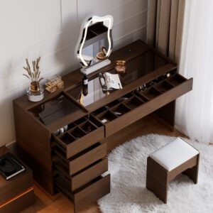 Modern Makeup Vanity Set with Lighted Vanity Mirror & Charging Station & Jewelry Storage Dressing Table