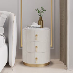White Velvet Nightstand with Storage Round Nightstand with 3 Drawers Stone Top Set of 2