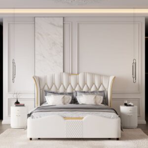 Modern Barrel White Fluted Nightstand in Faux Leather Bedside Table with Storage King Size Upholstered Bed Frame with Tufted Wingback Headboard
