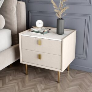 PU Leather 2-Drawer Nightstand with Gold Legs