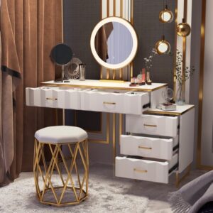 Modern white extendable makeup vanity with 5 drawers and vanity table with stool and mirror