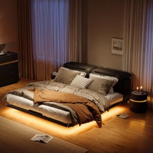 Modern King Size Floating Bed Frame with Light & Adjustable Headboard