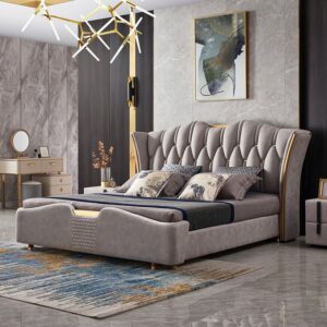 Luxury King Gray Leather Bed with Tufted Wingback Headboard