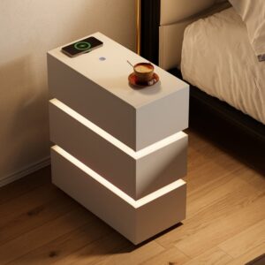 Narrow Smart 3-Drawer Nightstand with Charging Station Bedside Table with Light in White Set of 2