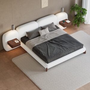King Size Curva Boucle Upholstered Bed Frame with Extended Headboard & Floating Charging Trays