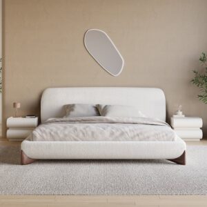 Bedroom Set Boucle Platform Bed King Size Bed Frame & 2 White Leather Smart Nightstands