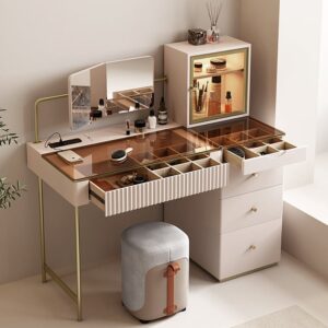Modern Makeup Vanity Set Champagne Dressing Table with Jewelry Storage & Cabinet & Stool