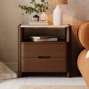 Modern Sintered Stone Top Nightstand with Drawers & Shelf