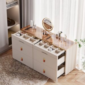 W Modern Glass Champagne Dresser 6 Drawer Closet Island with Jewelry Display Storage