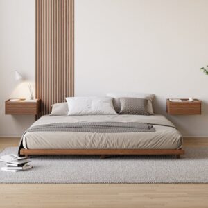 Wooden Floating Nightstand Modern Bedside Table with Charging Station Japanese Style Queen Low Bed Frame Wooden Floor Bed in Walnut