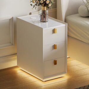 3-Drawer Narrow Bedside Table Faux Leather with Built-in Charging Station
