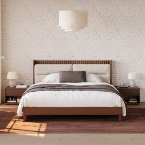 Modern Solid Wood King Upholstered Bed & 2 Fluted Nightstand Set with with with Charging Station