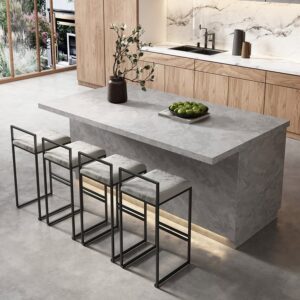 Japandi Kitchen lsland  Grey & 4 Counter Stools Set Wooden Storage Cabinet
