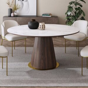 Round Dining Table Sintered Stone Top Wooden Base for 6 Mid-Century Modern