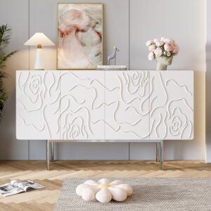 White Sideboard Buffet with Doors Modern Carved Credenza Adjustable Shelves