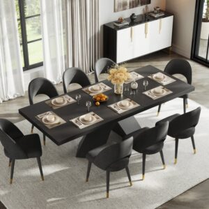 Dining Table Set 79"-94" Rectangle Extendable Dining Table & 8 Archic Japandi Rattan Dining Chairs