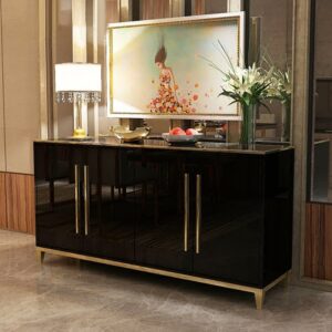 Rectangle Black Sideboard Buffet Tempered Glass Top Cabinet 4 Doors & 2 Shelves