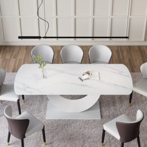 White Faux Marble Dining Table for 8 Crescent Base Sintered Stone
