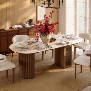 71" Faux Travertine Oval Dining Table with Fluted Base & Storage