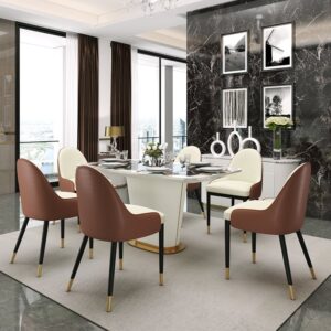 2-Set Modern Beige & Brown Upholstered Dining Chairs w/ Gold Legs