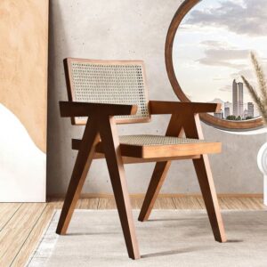 Japandi Wooden Dining Chair with Rattan Accent