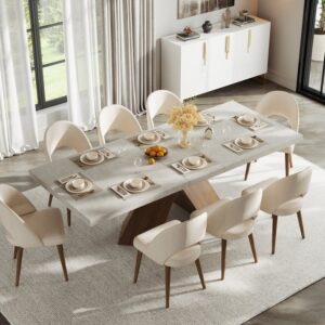 Dining Table Set 79"-94" Rectangle Extendable Dining Table & 8 Archic Japandi Rattan Dining Chairs