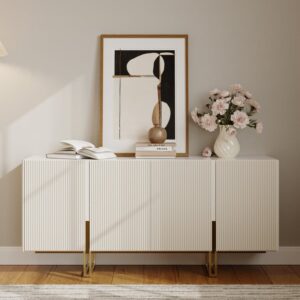 Grovyn 1200mm Buffet Sideboard Sintered Stone Top White Fluted with Adjustable Shelves